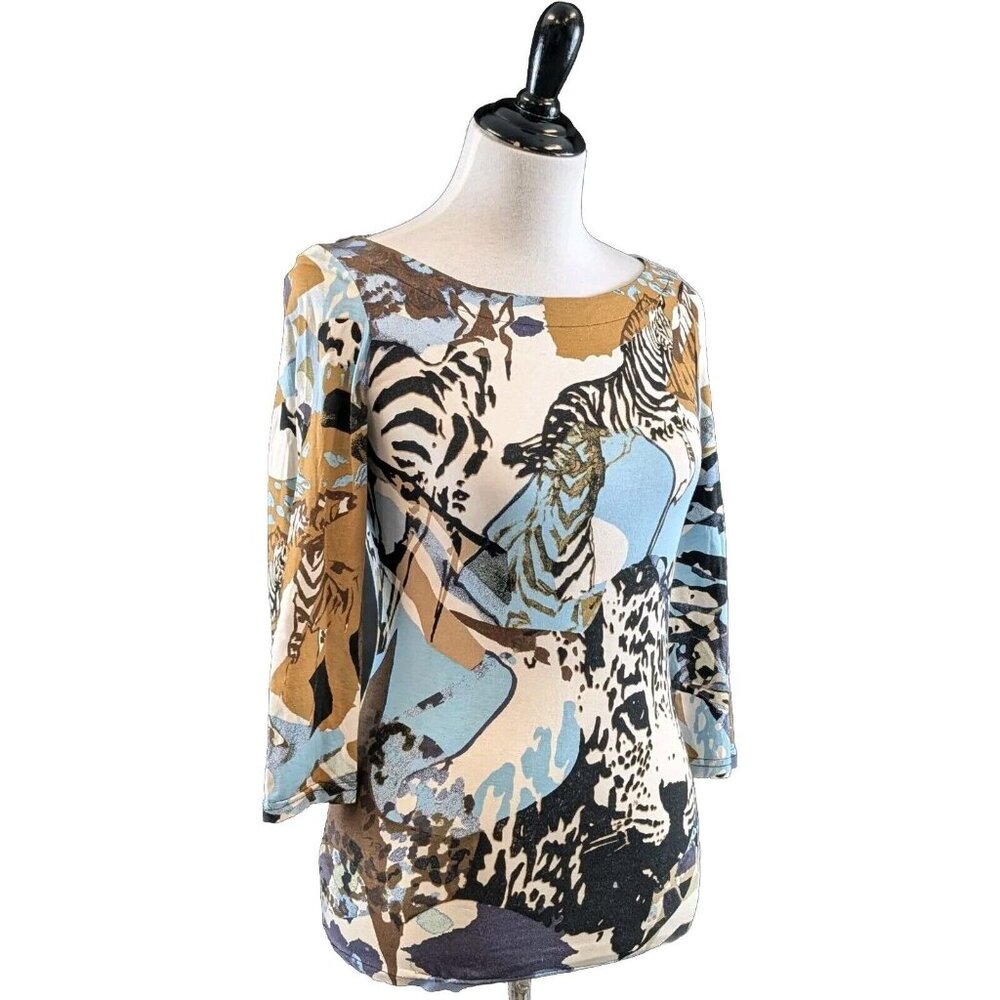 CARTISE Zebra Big Cat Print Deep V-Neck Knit Top Blue Brown  3/4 Sleeves SMALL